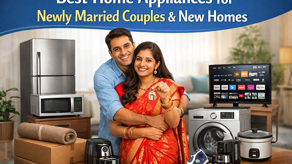 Smiling couple in traditional attire with a key, surrounded by home appliances. Text reads "Best Home Appliances for Newly Married Couples & New Homes."