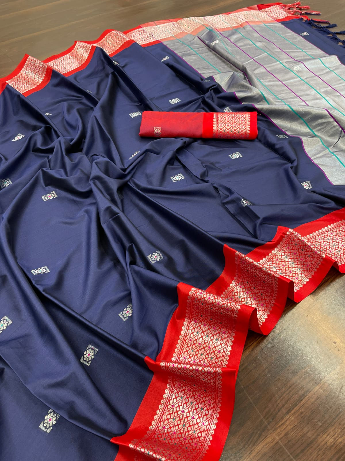Blue with red border cotton silk saree