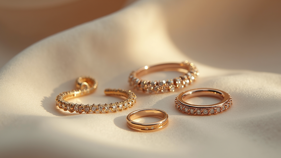 Eye-level view of assorted jewelry pieces on a soft textile surface