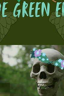 The cover of the Green End by Faye Gentry. The book is in various shades of green, with leaf prints under the title, and a skull wearing a flower crown.