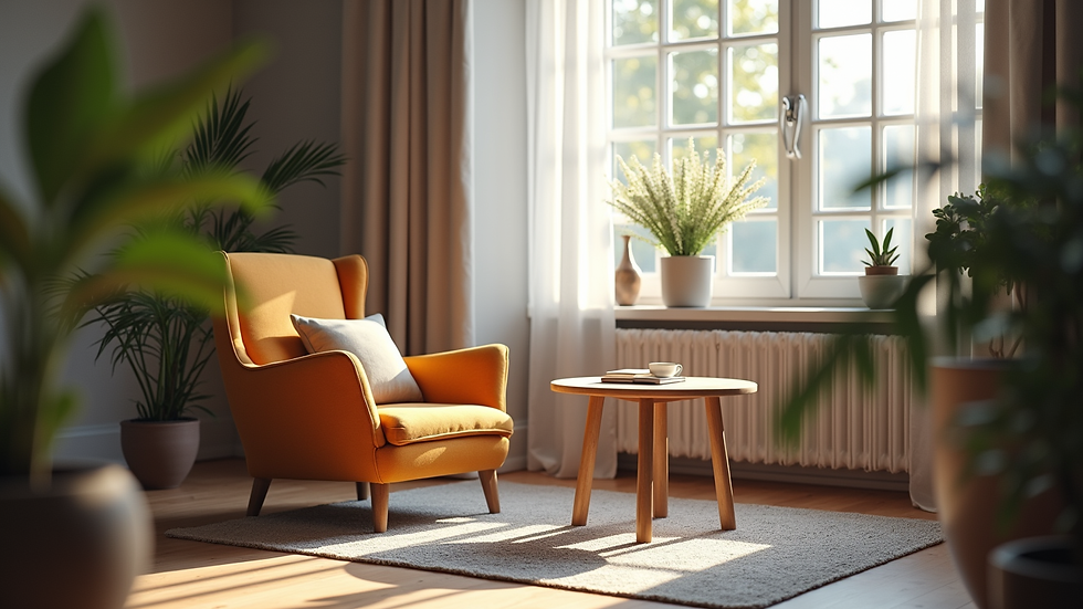 Eye-level view of a cozy office space with a comfortable chair and a small table