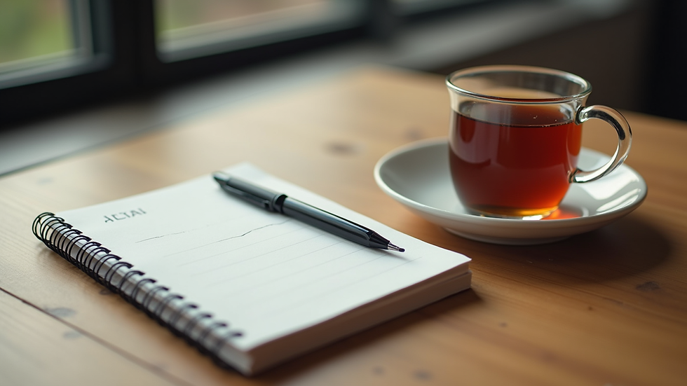 Close-up view of a notebook with a pen and a cup of tea on a wooden table