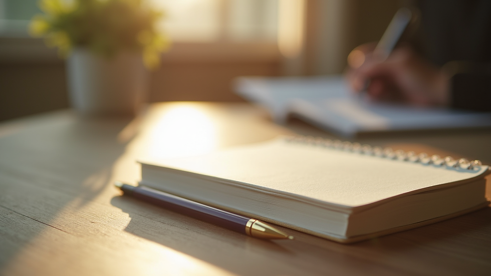 Close-up view of a journal and pen on a wooden table with soft natural light