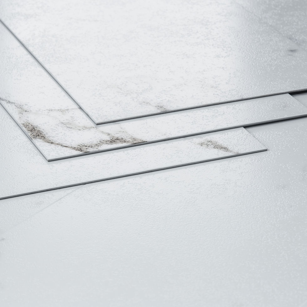 Side profile of durable Carrera marble effect LVT tiles showing thickness and multi-layer construction.