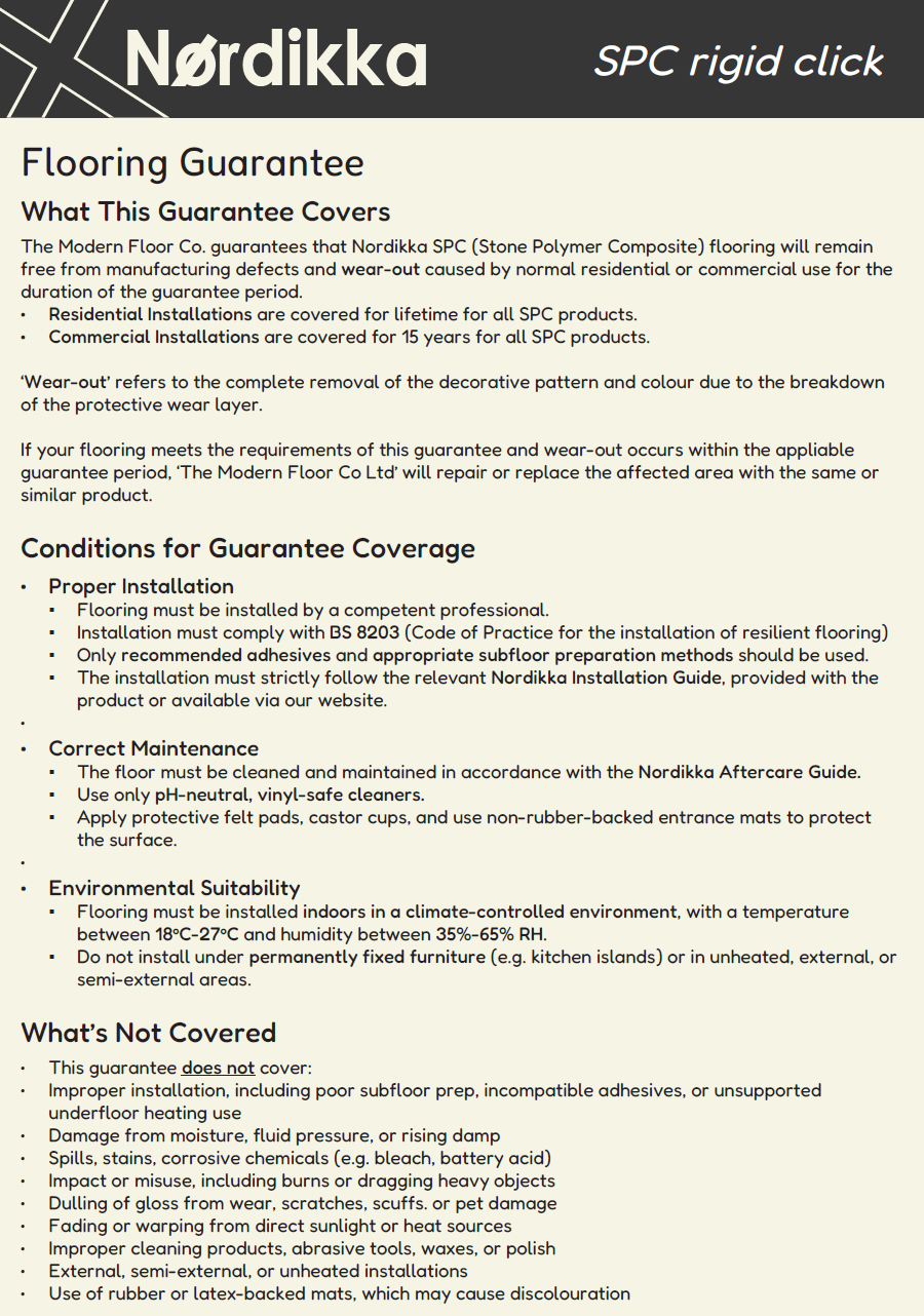 Nordikka SPC Rigid Click Guarantee