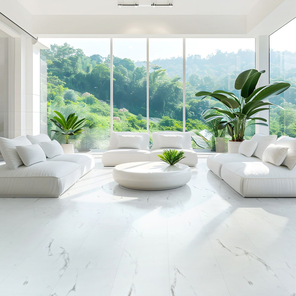 Modern living room featuring Carrera marble effect luxury vinyl flooring with minimalist furniture.
