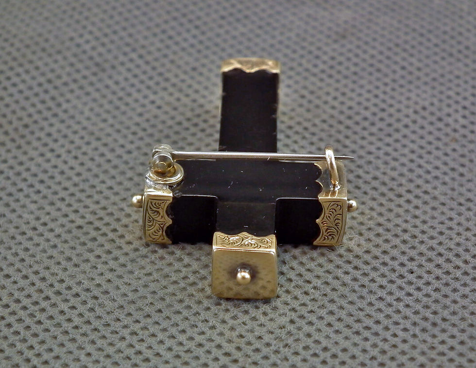 Thumbnail: Antique 19th Century Mourning Cross Brooch Black Jet and Gold
