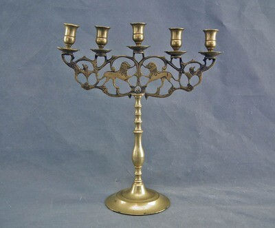 Thumbnail: Antique Polish Jewish Brass 5 Light Sabbath Candelabra 19th Century Poland Judaica