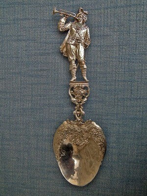 Antique Solid Silver Large Spoon with Musketeer with Sword Rapier
