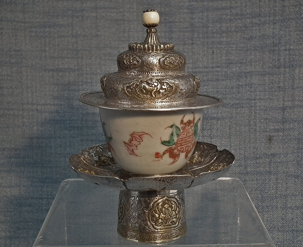 Thumbnail: Antique Buddhist Dhakya Silver Cup Stand with Cover 19th century Tibet