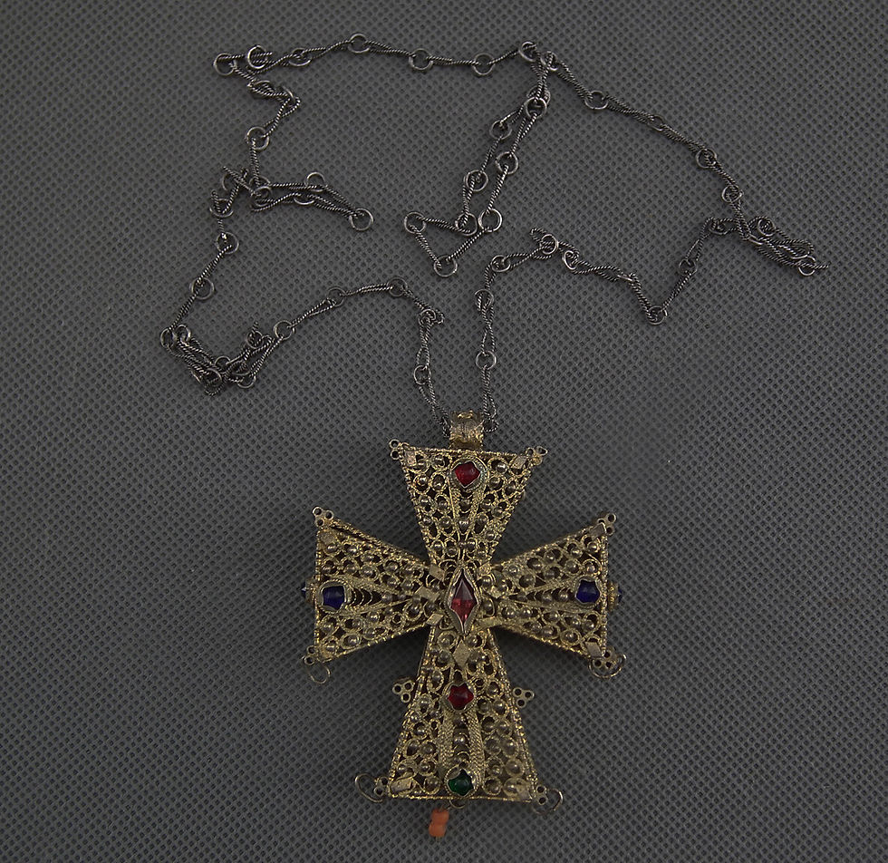 Thumbnail: Antique 18th century Armenian Gold Gilt Silver Filigree Jeweled Reliquary Cross Khachkar