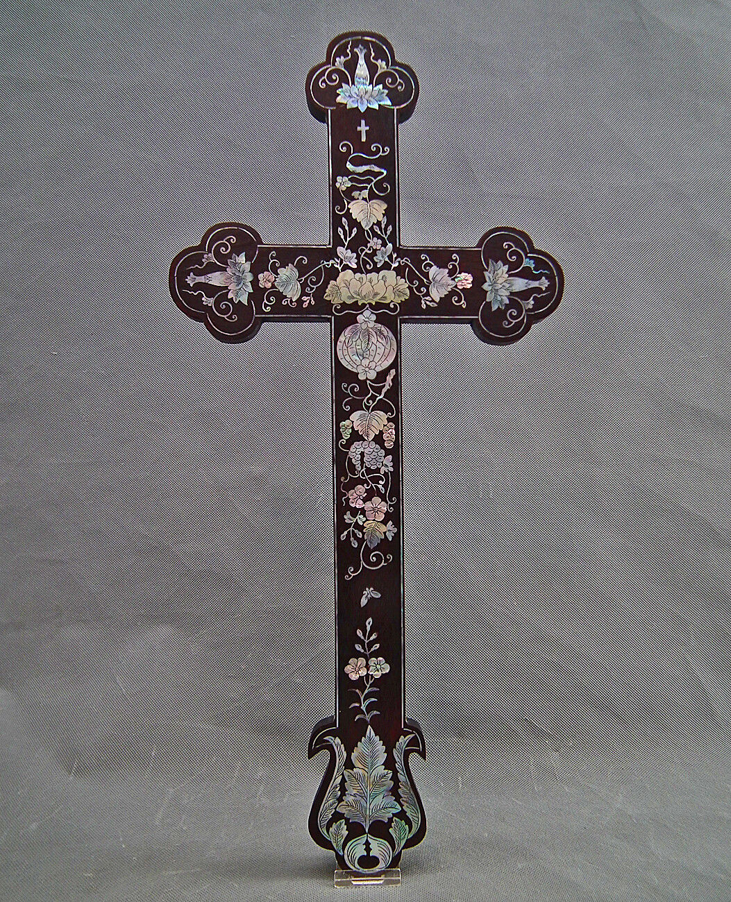 Antique 18th Century Chinese Mother-of-Pearl Inlaid Wood Cross Crucifix