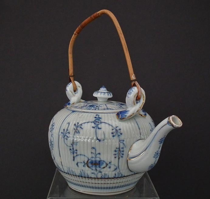 Thumbnail: Antique 19th century German Porcelain Teapot Blue And White Strawflower Pattern