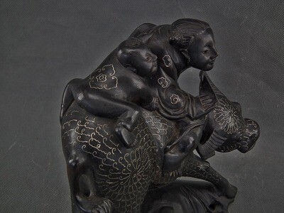 A pair of Antique Chinese 19th century Qing Dynasty Silver Inlaid Rosewood Buffalo Sculptures
