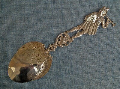 Thumbnail: Antique Solid Silver Large Spoon with Musketeer with Sword Rapier