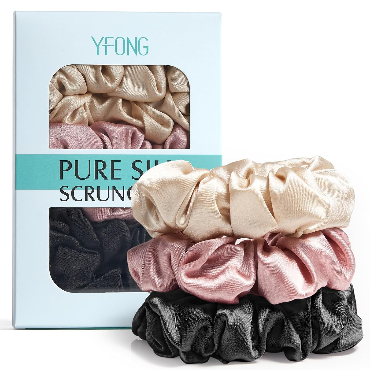 3 PCS 100% Mulberry Silk Scrunchies. (Pink+Black+Champagne)