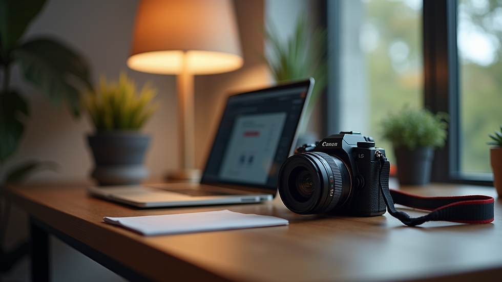 Eye-level view of a workspace with a laptop and camera setup for product photography