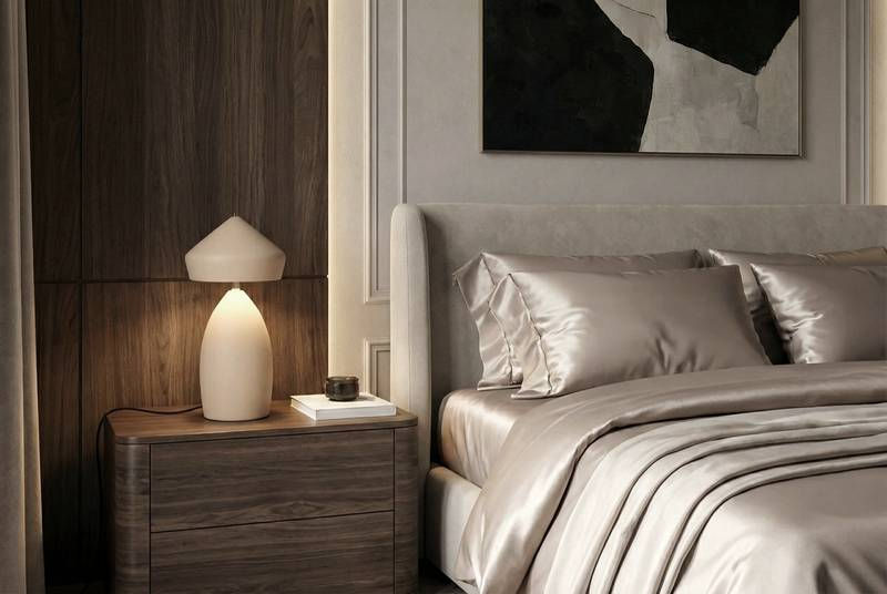 Thumbnail: Cream mushroom lamp on a nightstand beside a bed with satin bedding and modern wall art.