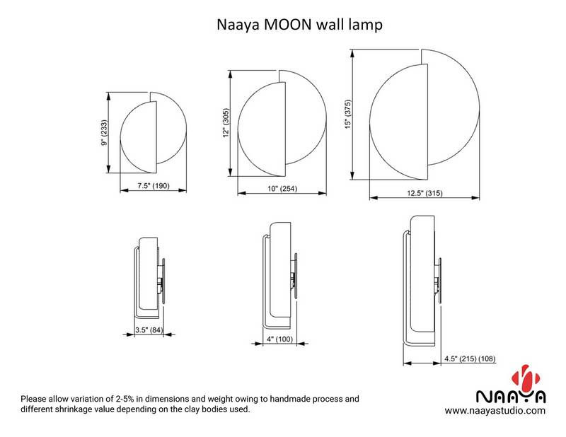 Thumbnail: Technical dimension drawing of Naaya Moon Wall Sconce showing three sizes: 9 inch, 12 inch, and 15 inch height options with
