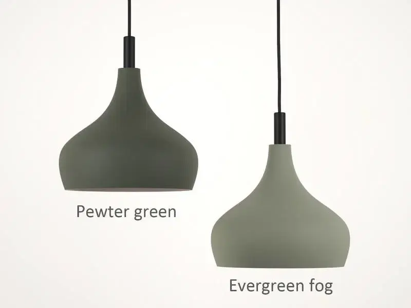Thumbnail: Two elegant bell-shaped ceramic pendant lights displaying a dark Pewter green and a lighter Evergreen fog finish.