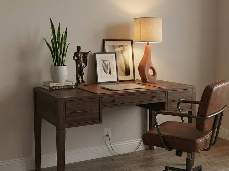 Thumbnail: Terracotta sculptural lamp on a wooden desk with laptop and art.