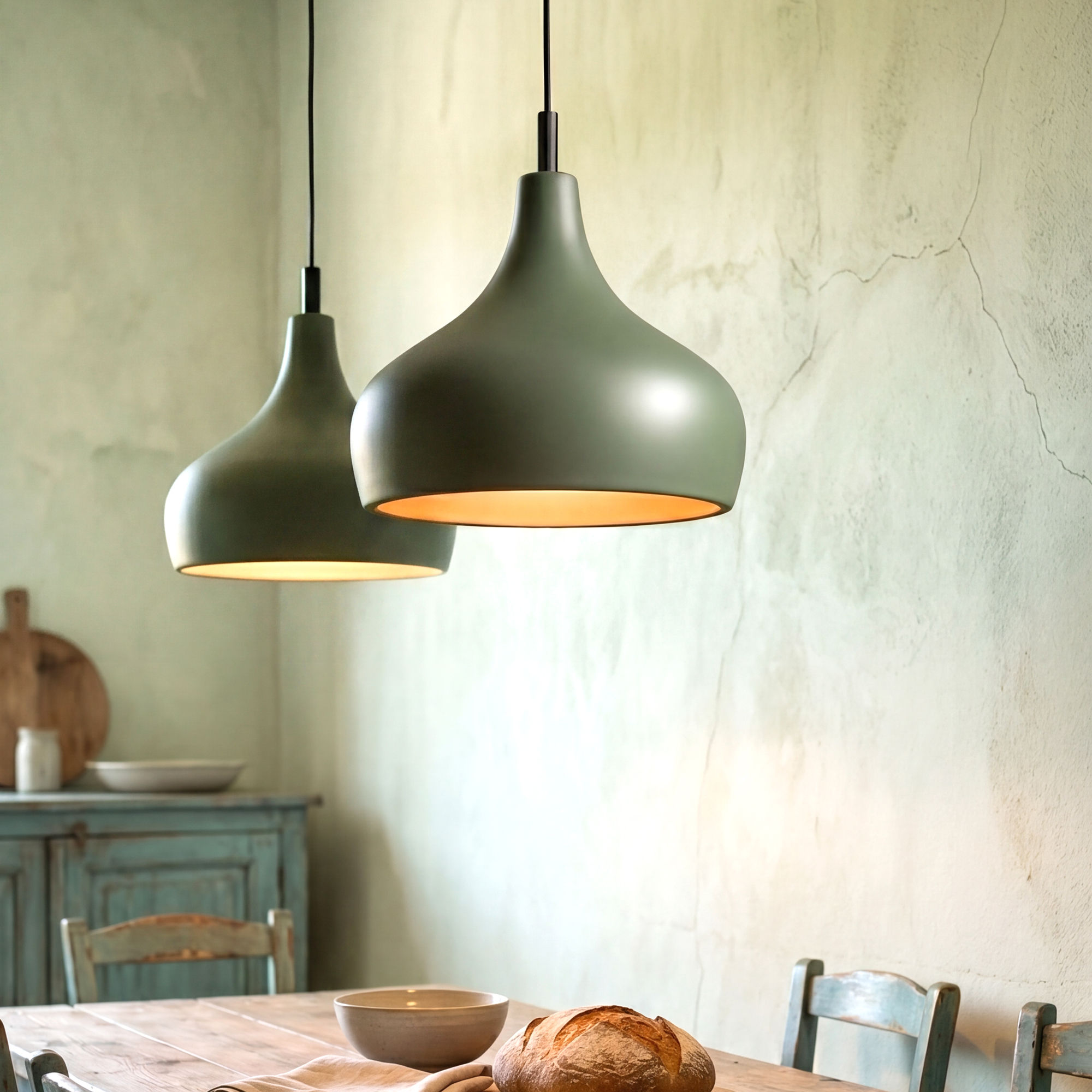 Morning bell Green ceramic pendant lighting over kitchen island in rustic setting