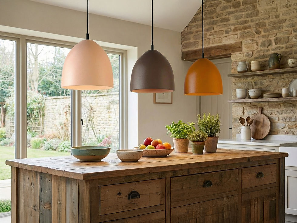 Eye-level view of modern kitchen with three pendant lights hanging over the island