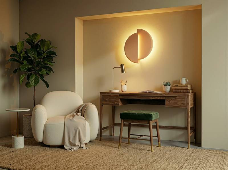 Thumbnail: Warm terracotta ceramic wall sconce illuminated in a cozy home office setup with a wood desk and cream armchair. Modern boho