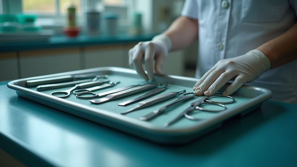 Close-up view of a podiatrist’s tools neatly arranged on a tray