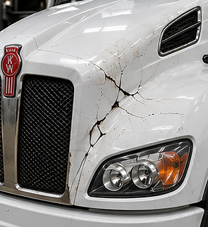 Damaged Kenworth fiberglass truck hood requiring collision repair