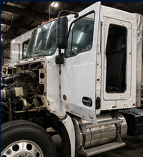 Kenworth commercial truck cab undergoing collision body repair