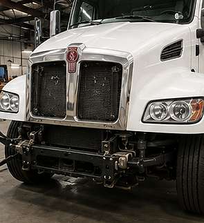 Kenworth truck front-end collision repair with bumper and grille removed