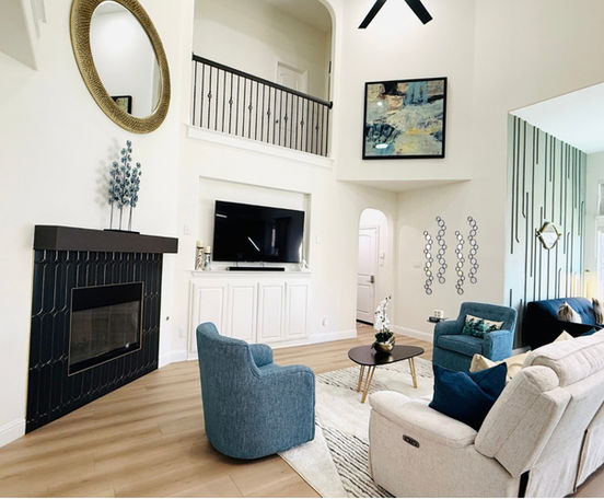 Frisco living room with fireplace and custom décor