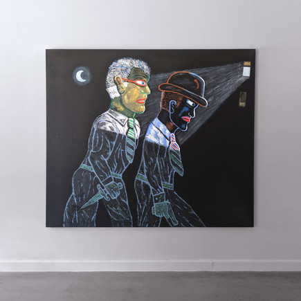 Painting of two men holding weapons walking in the dark with faces illuminated by a window, “The Prowlers,” 1998