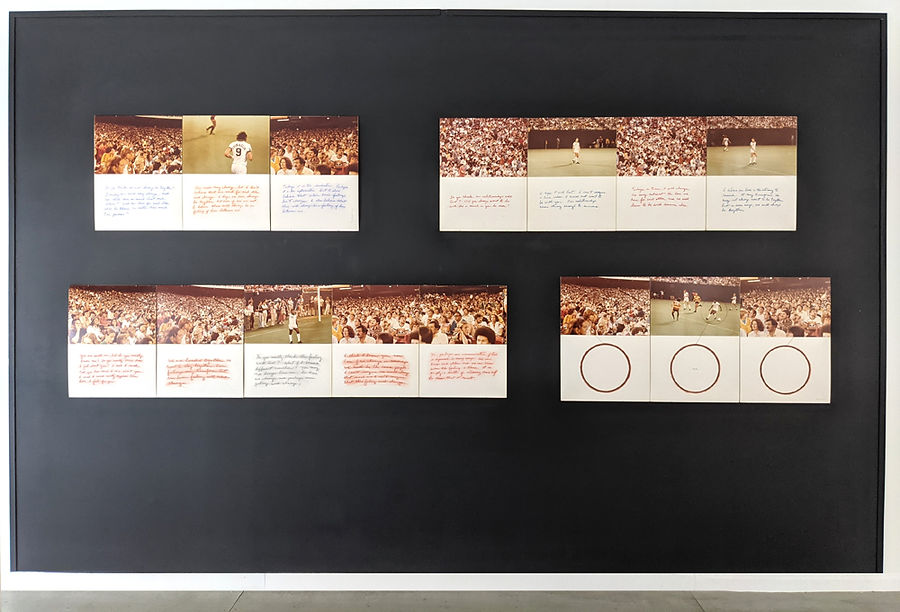 Installation view of four horizontal modular collage artworks on gray wall, crowds at soccer game