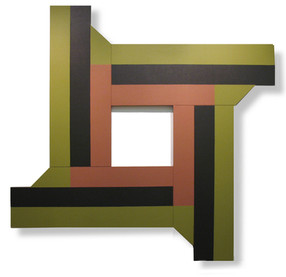 Abstract turbine-shaped painting, with empty center square, painted in English red, black and olive green