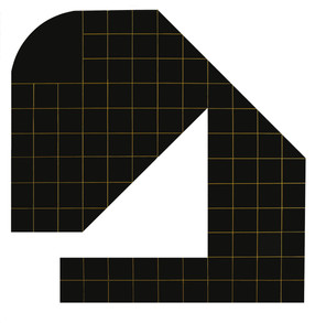Large abstract shaped painting of irregular size in a grid structure of bright yellow on black