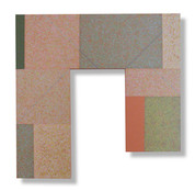 Painting shaped like a reversed U with one leg shorter, composed of unequal color blocks, orange, olive greens