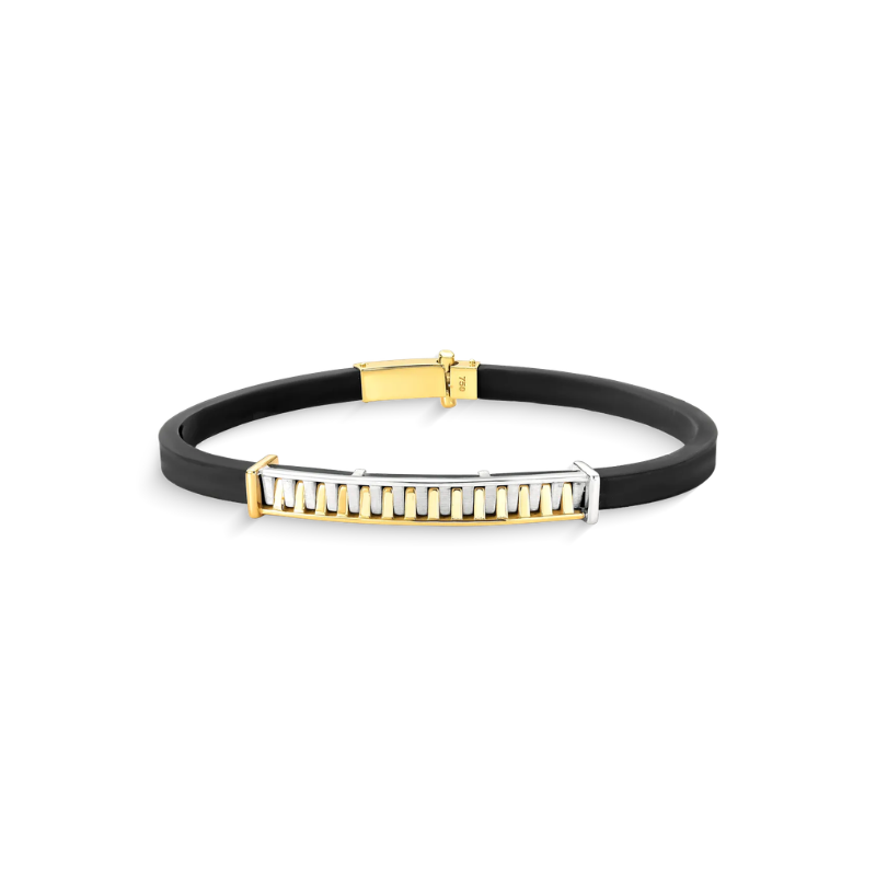 Pulseira de Ouro Amarelo 18k Silicone Placa Detalhada Bicolor
