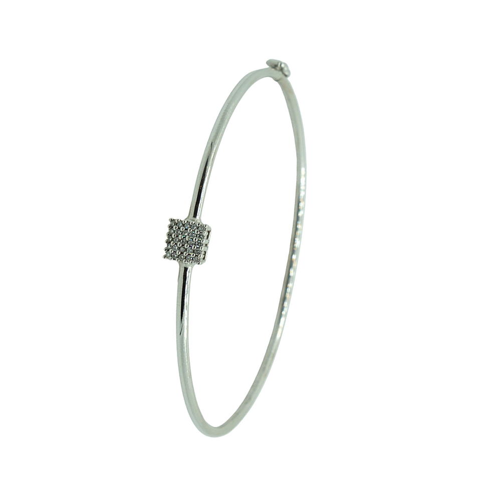 Pulseira De Ouro Branco 18K Bracelete Tubular Com Pavê Quadrado De Diamante