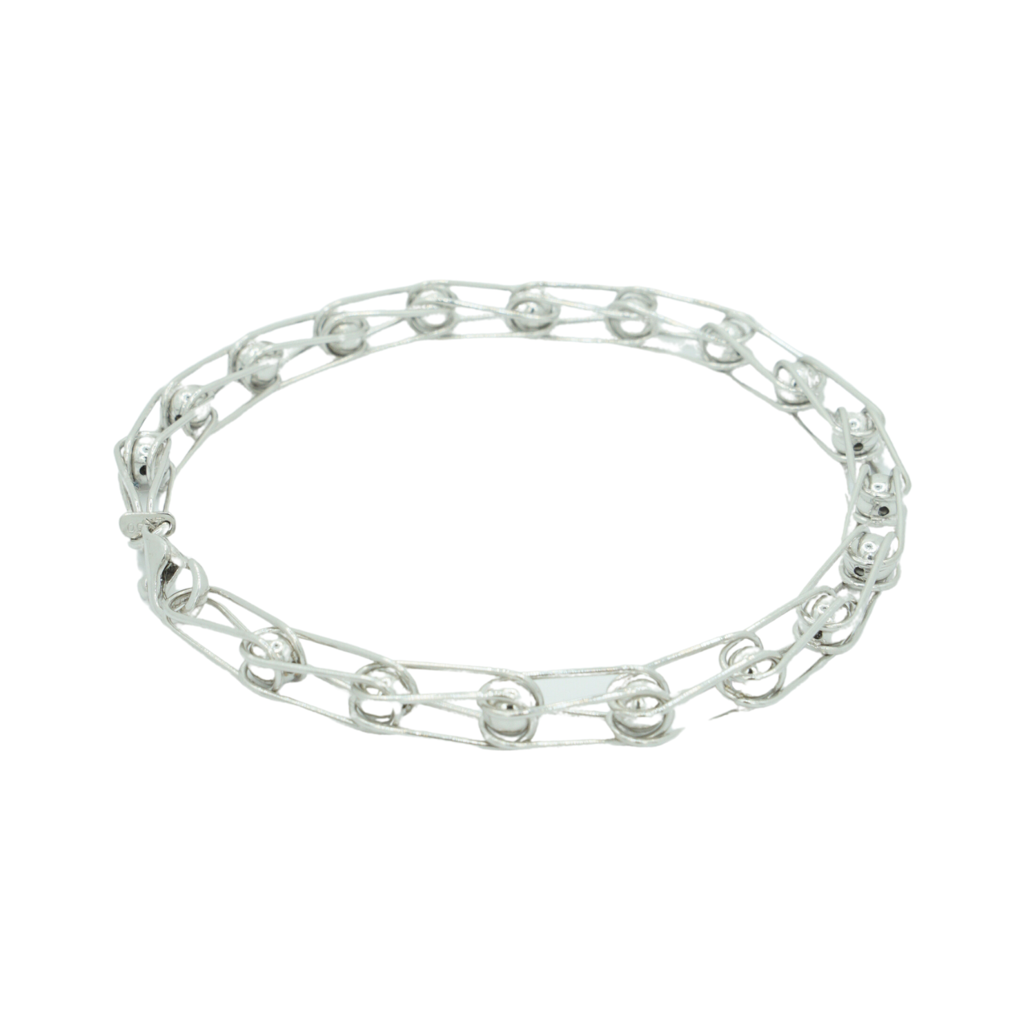 Pulseira de Ouro Branco 18K Elos e Bolas Entrelaçado