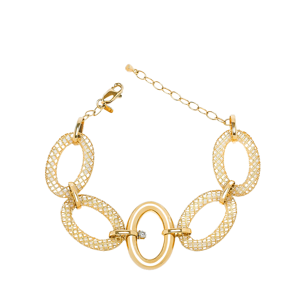 Pulseira De Ouro Amarelo 18K Elos Tubo & Renda Com Diamante