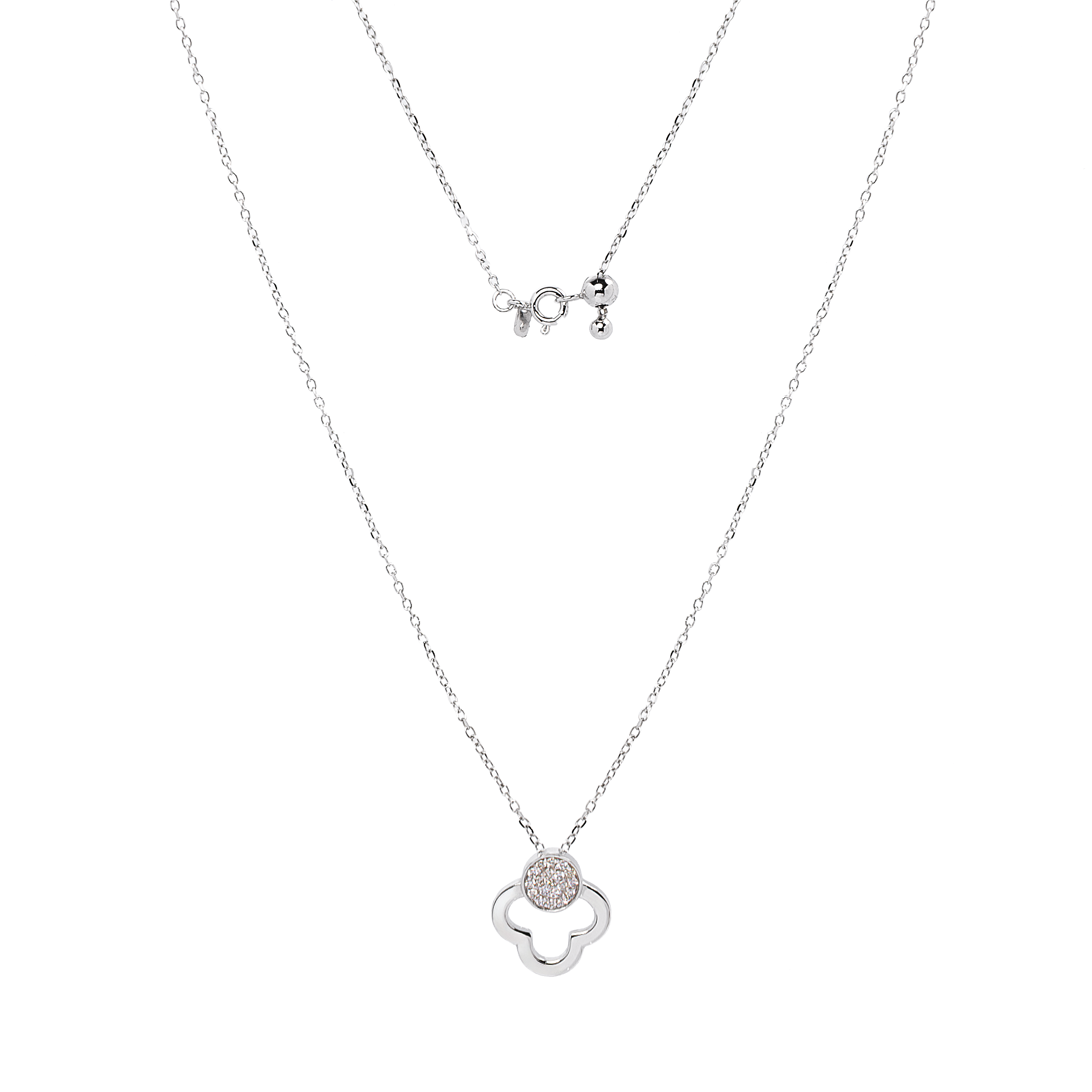 Gargantilha de Ouro Branco 18k Trevo e Disco de Diamante