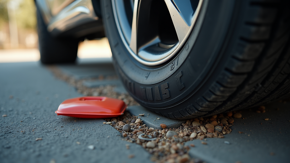Close-up view of a punctured tire with a patching kit beside it