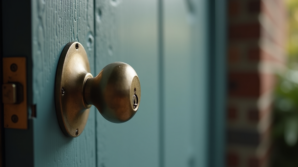 Eye-level view of a sturdy front door with a deadbolt lock