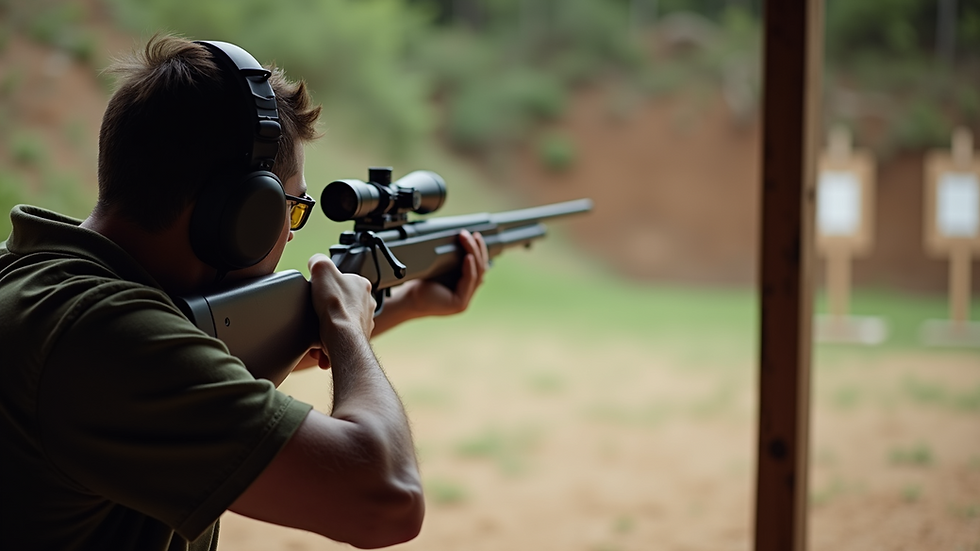 Eye-level view of a shooter demonstrating proper stance at a shooting range