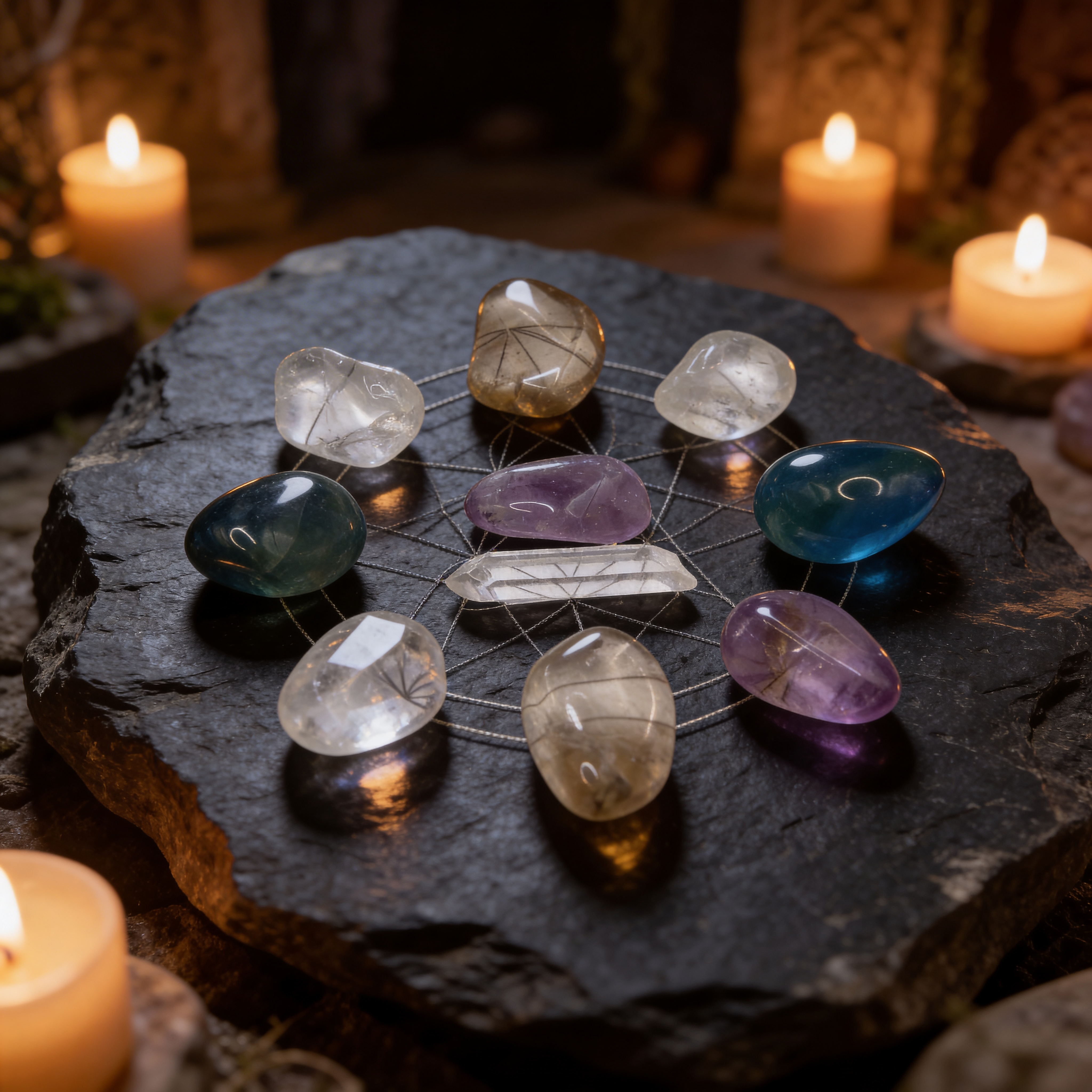 Pochon magique Santé & Guérison - Mojo bag de cristaux amethyste-quartz fume-fluorite-cristal de roche