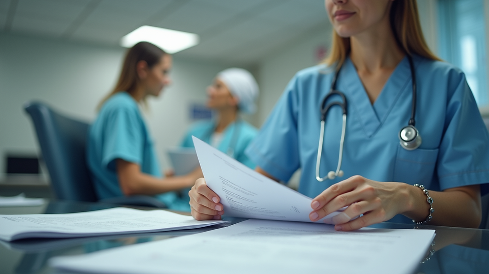 Eye-level view of a nurse reviewing medical documents at a desk