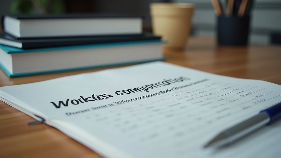 Eye-level view of a desk with workers compensation textbooks and notes