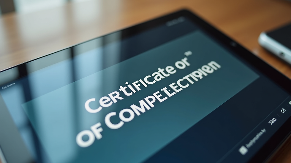 Close-up view of a digital certificate of completion on a tablet screen